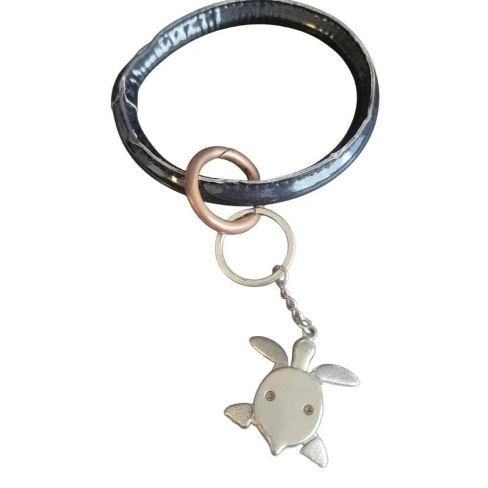 Silver Turtle Charm Black Keychain Wristlet
